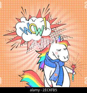 Cartoon Einhorn und Sprechblase mit Text WOW! Poster, Grußkarte oder Einladung im Comic-Stil. Vektor Pop Art Hintergrund. Stock Vektor