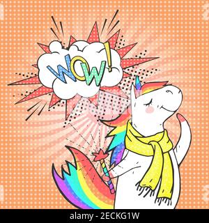 Cartoon träumen Einhorn und Sprechblase mit Text WOW! Poster, Grußkarte oder Einladung im Comic-Stil. Vektor Pop Art Hintergrund. Stock Vektor