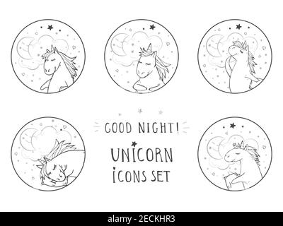 Vektor-Set von schwarzen Symbolen mit handgezeichneten niedlichen Einhörner. Text - GUTE NACHT! Auf withe Hintergrund. Für Ihr Design. Cartoon-Stil. Stock Vektor