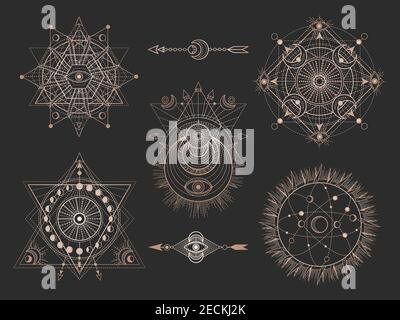 Vektor-Set von Heiligen geometrischen Symbolen und Figuren auf schwarzem Hintergrund. Abstrakte Mystic Signs Kollektion. Goldene lineare Formen. Für Sie Design oder Magie Stock Vektor