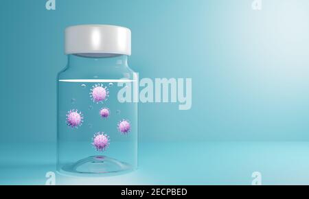 Glasflasche Fläschchen covid-19 vaccine,3D Rendering einer Glas medizinischen Ampulle mit einem antiviralen Medikament. Illustration eines digitalen Bildes für die Medizin. Stockfoto
