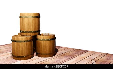 3D Rendering einer Gruppe von Jahrgangswein und Bierfässern auf einem Holzboden stehen. Stockfoto