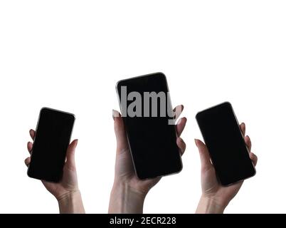 Smartphone in der Hand einer Frau auf weißem Hintergrund. Ein Mocap Smartphone in der Hand. Stockfoto