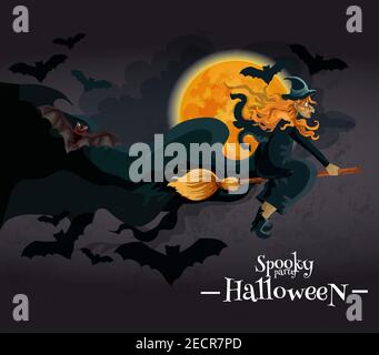 Gruseliges Halloween Party Einladungsbanner. Hexe mit roten Haaren und Hut auf Besen fliegen zu halloween-Party auf dem Hintergrund von vollgelben Mond und bla Stock Vektor
