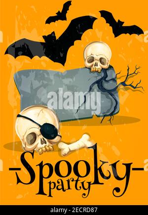 Einladungsposter zur gruseligen Halloween Party. Vektor Horror Stil Design-Vorlage mit Schädeln, Knochen, Grab Grabstein, Fledermäuse auf gelbem Hintergrund. Einrichtung Stock Vektor