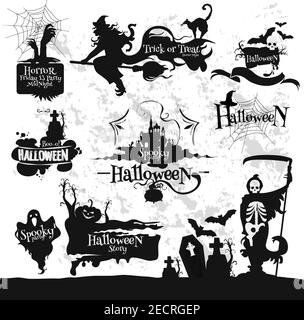 Deko Embleme und Icons Set für Halloween Party, Freitag 13 Horror Mitternacht. Hexenbesen, gruseliger Geist, Spinne, Skelett Sense, Friedhof, Spuk Stock Vektor