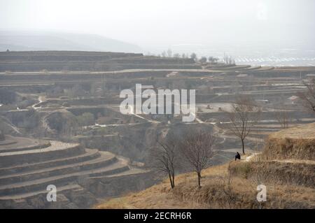 (210214) -- YINCHUAN, 14. Februar 2021 (Xinhua) -- Zhang Junming sitzt auf der trockenen Hochebene der Gemeinde Hongbaiyang, Bezirk Pengyang, Guyuan, im Nordwesten Chinas Autonome Region Ningxia Hui, 15. Juni 2013. Zhang Junming, 55, lebte einst in der Gemeinde Hongbaiyang, einem wirtschaftlichen Rückstand im südlichen Ningxia. Als er noch jung war, war Zhang bei einem Unfall schwer verletzt worden und litt daher an Beinbehinderungen, die ihn daran hinderten, in den großen Städten nach Arbeitsmöglichkeiten zu suchen. So mussten er und seine Familie aus den armen Erträgen auf dem kargen Ackerland ihren Lebensunterhalt abkratzen. Die Lebensqualität wurde verschärft Stockfoto