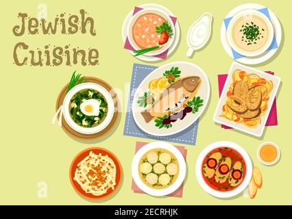Jüdische Küche Gerichte Ikone mit gefilten Fisch, gefüllte Pflaumenforelle, Knödel Hühnersuppe, Linsen-Chowder, Gemüsefischeintopf, kalte Sauerampfer-Suppe, Radis Stock Vektor
