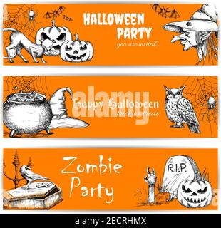 Halloween Feier orange Banner mit Text und skizzierten Kürbissen, alte Hexenhut, Sarg auf Friedhof, Nachteule, Zombie Hand. Vorlagen für Greeti Stock Vektor