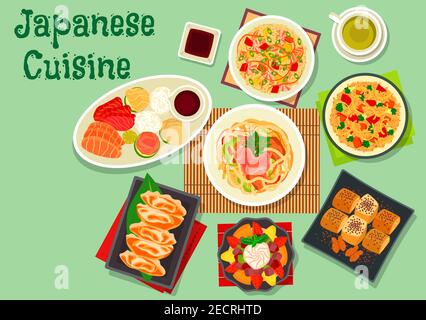 Japanische Küche Dinner-Gerichte Ikone mit Sashimi-Platte, Meeresfrüchte-Reis, geräucherter Aal Eierrolle, gebratenem Reis, Gemüse Schweinefleisch udon Nudeln, Nussrollen, Gelee d Stock Vektor