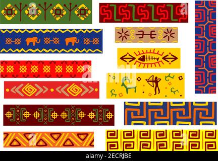 Ethnische afrikanische Muster mit floralen, geometrischen und tierischen Ornamenten mit Tribal-Zierelementen und Jagdszene Stock Vektor