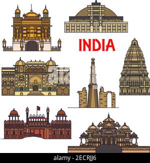 Reisen Wahrzeichen der indischen Architektur dünne Linie Ikone mit Minarett Qutub Minar, buddhist Great Stupa, Red Fort, sikh Golden Temple, Virupaksha Tempel Stock Vektor