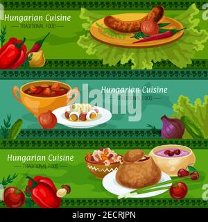 Ungarische Küche Restaurant-Menü Banner mit Satz von traditionellen Wurst, Fleisch und Pfeffer Eintopf, Rindfleisch Gulasch, Gemüsesalat mit Salami und Ei, auf Stock Vektor
