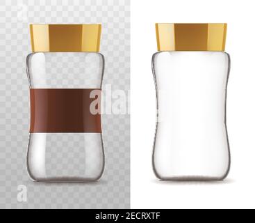 Symbole für Kaffeebecher aus Glas. Vector Behälterverpackung mit braunem Deckel und Bändchenaufkleber isoliert auf weißem und transparentem Hintergrund für Produktverpackungen Stock Vektor