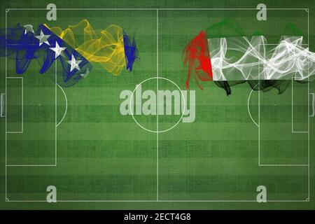 Bosnien und Herzegowina gegen Vereinigte Arabische Emirate Fußballspiel, Nationalfarben, Nationalflaggen, Fußballfeld, Fußballspiel, Wettbewerbskonzept, Kopie s Stockfoto