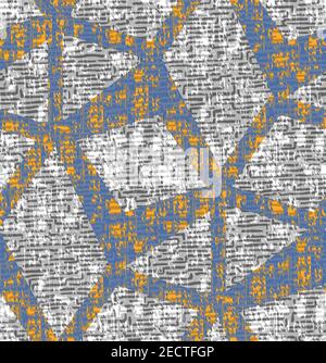 Geometrie Grunge nahtloses Muster. Dreieck, quadratisch grau. Blau, gelb auf wtie Hintergrund. Vektor-Illustration für männliche Kleidung, Stoff. Stock Vektor