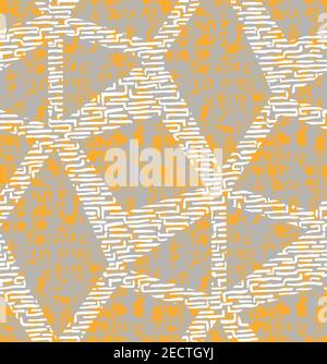 Geometrie Grunge nahtloses Muster. Dreieck, quadratisch grau. Blau, gelb auf wtie Hintergrund. Vektor-Illustration für männliche Kleidung, Stoff. Stock Vektor