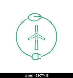 Logo „Windenergie“. Windmühle innen Kreis mit einem Blatt und einem Stecker. Konzept der grünen Energie. Nachhaltige Energiequellen. Windkraft-Symbol. Windturbine Stock Vektor