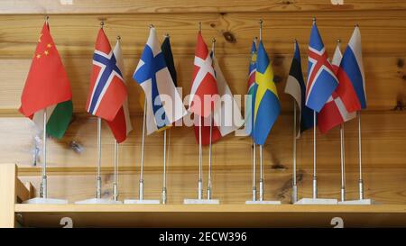 Kleine Flaggen symbolisieren europäische Länder, von denen die meisten zur Europäischen Union gehören. Flaggen von Schweden, Finnland, Norwegen, Dänemark und vielen mehr! Stockfoto