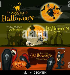 Halloween Vektor Cartoon Banner mit Text und Zeichen. Gruselige Halloween Party, Freitag 13 Mitternacht Geschichte, Horror Nacht, Trick or Treat Schriftzug POS Stock Vektor