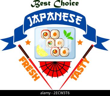 Japanische Küche Restaurant Ikone. Sushi-Brötchen, Wasabi, Zitronenscheiben auf dem Teller, Essstäbchen, rote Fächer, blaue Bändchenelemente. Vorlagenetikett für Restaurant Stock Vektor
