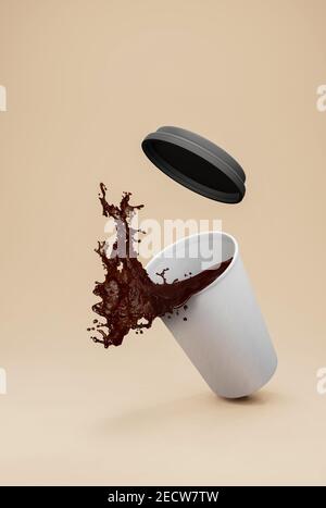 Tasse für Kaffee, Kaffee Splash. 3D Rendern Stockfoto
