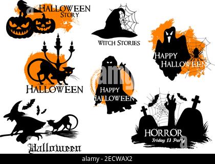 Schwarz und orange Halloween Story Silhouette Elemente. Isolierte Vektor-Icons von Kürbis Laternen, schwarze Krähe, Katze, Hexe fliegen auf Besen, gruseligen Geist, Stock Vektor
