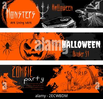 Halloween Kreide Skizzen Elemente auf Tafel. Orangefarbene Banner mit weißem Text für halloween Party. Retro-Stil-Ikonen der gruseligen Kürbis, alte Hexe Stock Vektor