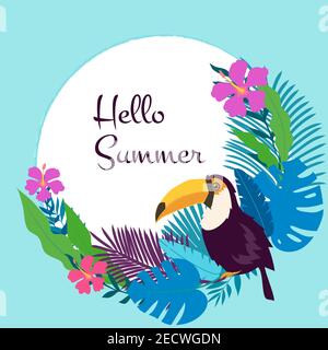 Toucan exotische Vögel, tropische Blumen, Palmendschungel Blätter und Pflanzen Rahmenvektor. Stock Vektor