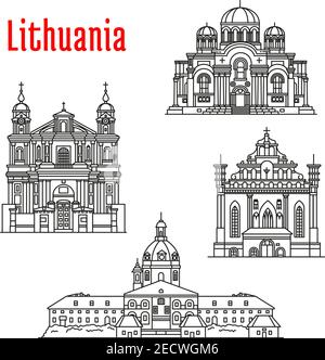 Historische Architektur Wahrzeichen, Sehenswürdigkeiten, berühmte Ausstellungsorte von Litauen. Vektor dünne Linie Ikonen der Kaunas Kathedrale Basilika, Kirche von St. mich Stock Vektor