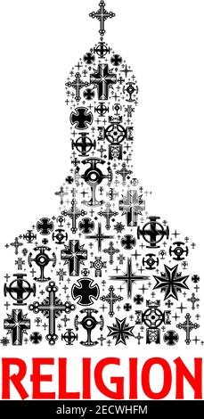 Kirchenikone aus christlichen Kreuzelementen. Orthodoxe, katholische Kruzifix Symbole in Form von Tempel, Kloster für religiöse Dekoration, Emblem, desi Stock Vektor