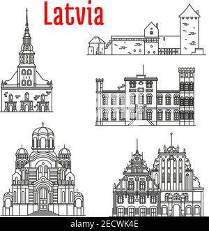Historische Architektur Wahrzeichen, Sehenswürdigkeiten, berühmte Ausstellungsorte von Lettland. Vektor dünne Linie Ikonen der St. Peter Kirche, Turaida Schloss, Birini Palast, Stock Vektor