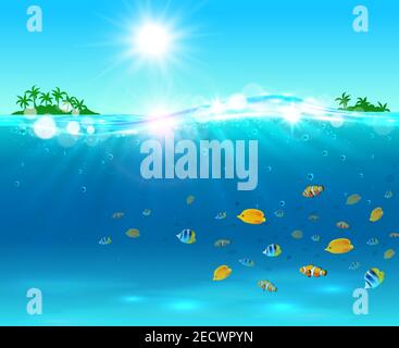 Banner für Sommerferien. Meer mit tropischer Palmeninsel, strahlende Sonne, Wasserwellen, bunte Fische. Hintergrund für Reisebüro Anzeige, gr Stock Vektor