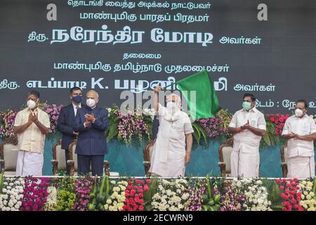 Chennai, Indien, 14, Februar 2021: . Ministerpräsident Narendra Modi startet die neue Eisenbahn Traxk, von Villupuram nach Thiruvarur, bei einer Veranstaltung in Chennai am Samstag statt . Foto Seshadri SUKUMAR Stockfoto