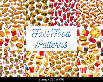 Fast Food nahtlose Muster Hintergründe. Tapete mit Vektor-Icons Snacks. Süßigkeiten, Getränke. Junk-Food-Elemente Cheeseburger, Hot Dog, Pizza, französisch Fr. Stock Vektor