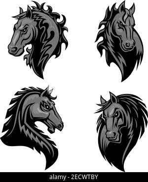 Furious mächtige Pferdekopf Emblem mit dornigen stacheligen Mähne. Stilisierte heraldische Ikonen des wütenden Hengstes. Schwarzes Mustang Symbol für Sportverein, Team schlecht Stock Vektor