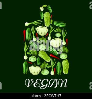 Veganes Symbol. Schneidebrett Symbol mit Vektor-Symbole von Gemüse Kohl, Zwiebel, Kohlrabi, Pfeffer, Zucchini, Sellerie Stock Vektor
