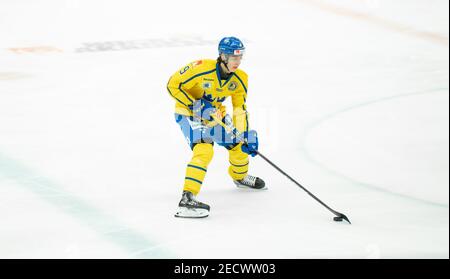 Malmoe, Schweden. Februar 2021, 13th. Albert Johansson (9) von Schweden gesehen in der Beijer Hockey Games 2021 Spiel zwischen Schweden und Russland in Malmoe Arena in Malmoe. (Foto Kredit: Gonzales Foto/Alamy Live News Stockfoto