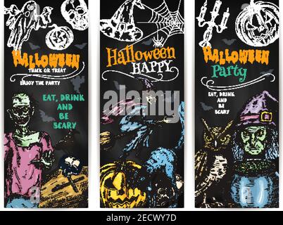 Halloween Party Kreide Kürbis Laterne, Hexenkessel und Besen, gruselige Vollmond, Untote gehen Zombie, Friedhof Sarg. Vektorfarbe Kreide Skizze el Stock Vektor