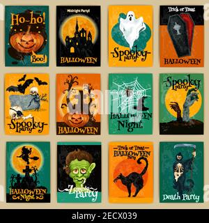 Komplettes Set von Retro-Plakaten, Banner, Einladungskarten für Halloween-Party. Vector traditionelle Halloween Elemente und Zeichen Kürbis, Geist, Kof Stock Vektor