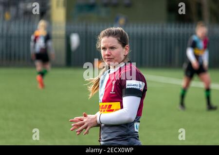 Surrey, Großbritannien. Februar 2021, 13th. Leanne Riley (#9 Harlequins Women) während des Allianz Premier 15s Spiels zwischen Harlequins Women und Loughborough Lightning in Cobham, Surrey, England. Kredit: SPP Sport Presse Foto. /Alamy Live Nachrichten Stockfoto