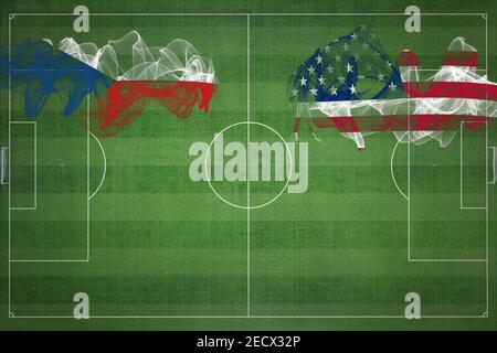 Tschechische Republik vs. Vereinigte Staaten Fußballspiel, Nationalfarben, Nationalflaggen, Fußballplatz, Fußballspiel, Wettbewerbskonzept, Kopierraum Stockfoto