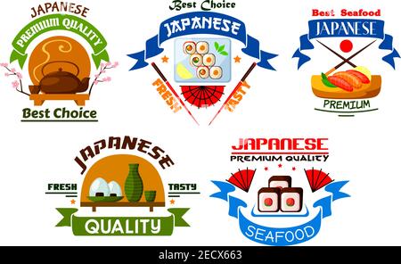 Japanische Küche Restaurant Embleme. Sushi-Brötchen, Lachssashimi, gedämpfter Reis, Meeresfrüchte, Wasabi, Bambus-Essstäbchen, Tee, Sojasauce. Orientalische Küche labe Stock Vektor