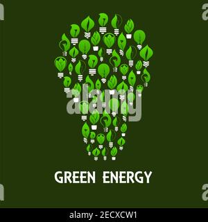 Grüne Energie-Glühbirne Symbol aus Öko-Lampen mit grünen Blättern und Pflanzen. Energie sparen und Ökologie Themen Design Stock Vektor