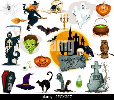 Komplettes Set von Halloween traditionellen Figuren und Elemente. Kürbis Kerze Laterne, Hexenbesen und Hut, Trank Kessel, Zombie Grabstein, gespenstisch c Stock Vektor