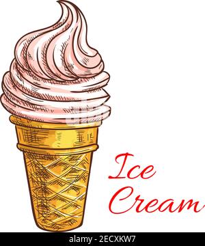 Erdbeer-Eis farbige Skizze mit rosa Wirbel von Soft-Serve-Eis in Waffelkegel. Cafe Dessert-Menü, Lebensmittel Verpackung Design Stock Vektor