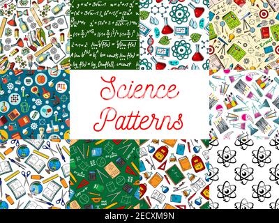 Wissenschaft und Bildung nahtlose Muster mit Satz von skizzierten Hintergründe mit Mikroskop, Labor-Reagenzglas, Atom, Buch, Kreide Formel auf Schwarzschwein Stock Vektor