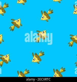 Nahtloses Muster mit niedlichen Fischen auf blauem Hintergrund. Vektor Cartoon Tiere bunte Illustration. Liebenswert Charakter für Karten, Tapete, Textil Stock Vektor