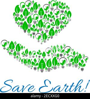 Save Earth Poster von Hand mit Herz aus Energiesparlampen mit grünen Blättern. Ökologie, grüne Energie, energiesparende Themen Design Stock Vektor