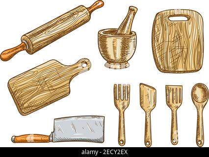 Küchengeräte. Küchengeräte und Utensilien. Isoliertes Holz-Nudelholz, Schneidebrett, Beil, Mörtel mit Pfünder, Spachtel, Gabel, l Stock Vektor